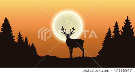 lonely reindeer in forest at full moon and orange sky lonely reindeer in forest at full moon and orange sky 47116547