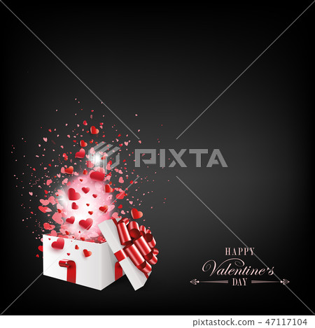 Composition with the silhouette of a white box with a bow and a silhouette of hearts. Composition with the silhouette of a white box with a bow and a silhouette of hearts. 47117104
