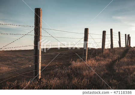 Perspective view of an old barbed wire fence 47118386