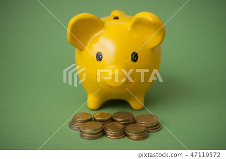 euros coins in front of yellow piggy bank euros coins in front of yellow piggy bank 47119572