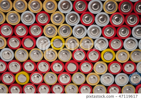 red and silver aa alkaline batteries stack 47119617