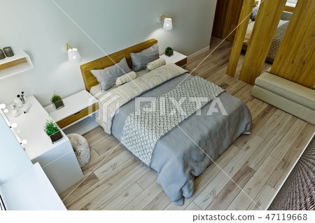 Modern bedroom interior in warm colors with wood p Modern bedroom interior in warm colors with wood p 47119668