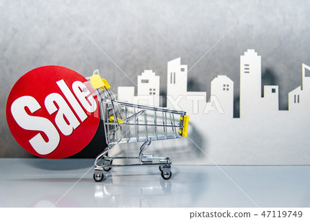 Mini shopping cart with red sale label Mini shopping cart with red sale label 47119749