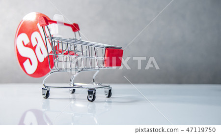 Mini shopping cart with red sale label Mini shopping cart with red sale label 47119750