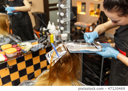Professional hairdresser dyeing hair of her client in salon. Selective focus. 47120469