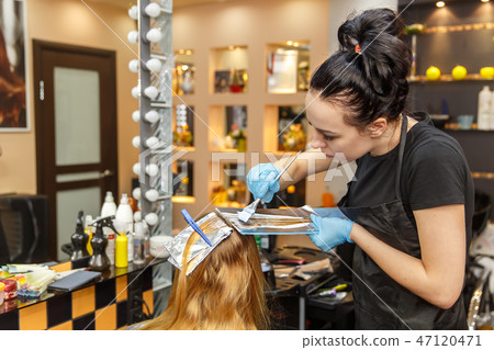 Professional hairdresser dyeing hair of her client in salon. Selective focus. 47120471
