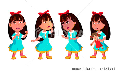 Asian Girl Kindergarten Kid Poses Set Vector. Preschool. Young Positive Person. Beauty. For Banner Asian Girl Kindergarten Kid Poses Set Vector. Preschool. Young Positive Person. Beauty. For Banner 47121541
