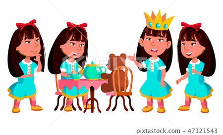 Asian Girl Kindergarten Kid Poses Set Vector. Pretty Positive Baby. Leisure. For Postcard 47121543