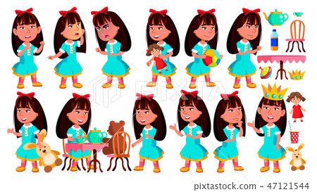 Asian Girl Kindergarten Kid Poses Set Vector. Baby Expression. Preschooler. For Card, Advertisement 47121544