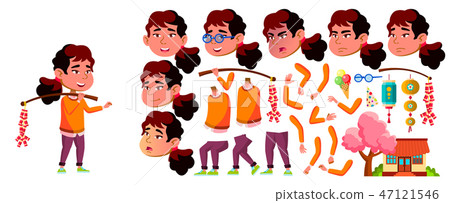 Asian Girl Kindergarten Kid Vector. Animation Creation Set. Face Emotions, Gestures. Preschooler Asian Girl Kindergarten Kid Vector. Animation Creation Set. Face Emotions, Gestures. Preschooler 47121546