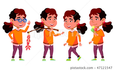 Asian Girl Kindergarten Kid Poses Set Vector. Preschool, Childhood. Friend. For Postcard, Cover Asian Girl Kindergarten Kid Poses Set Vector. Preschool, Childhood. Friend. For Postcard, Cover 47121547