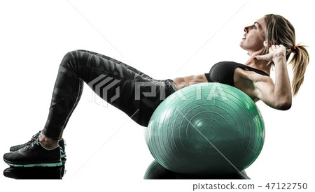 woman pilates fitness swiss ball exercises silhouette isolated 47122750