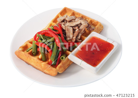 Belgian waffle with salad, peppers and bacon. Belgian waffle with salad, peppers and bacon. 47123215