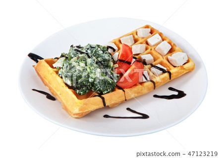 Belgian waffle with lettuce, cheese, tomato slices Belgian waffle with lettuce, cheese, tomato slices 47123219