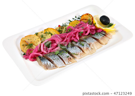 Salted herring, sliced with fried potatoes Salted herring, sliced with fried potatoes 47123249