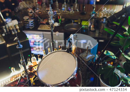 Drums conceptual image. Picture of drums and drumsticks lying on snare drum. Retro vintage instagram 47124334