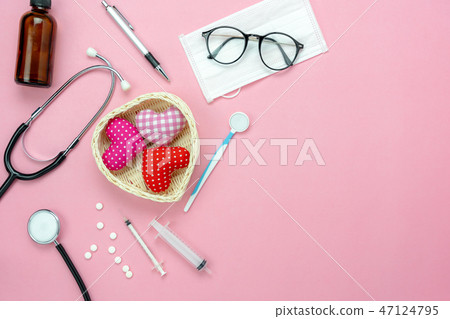 Table top view medical with valentines day. 47124795