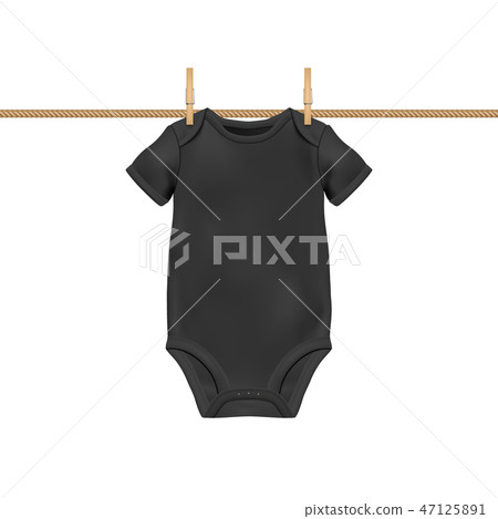 Vector Realistic Black Blank Baby Bodysuit Template, Mock-up Hanging on Rope with Clothes Peg 47125891