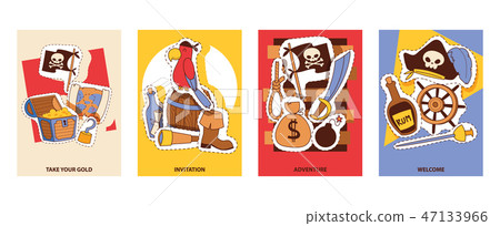 Pirates invitation cards cartoon patches vector illustration. Pirates equipment and supplies Pirates invitation cards cartoon patches vector illustration. Pirates equipment and supplies 47133966