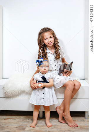 little cute sisters and sphinx cat 47134355
