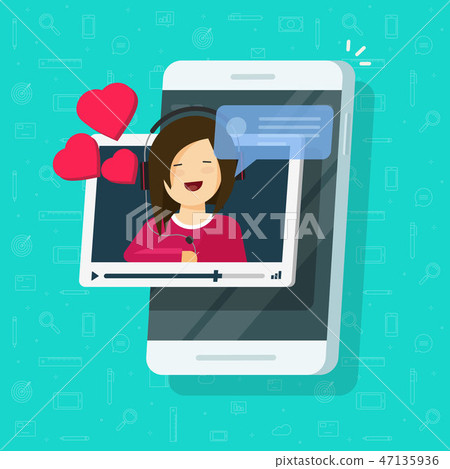 Video call with girlfriend on mobile phone vector illustration, flat smartphone video chat with 47135936