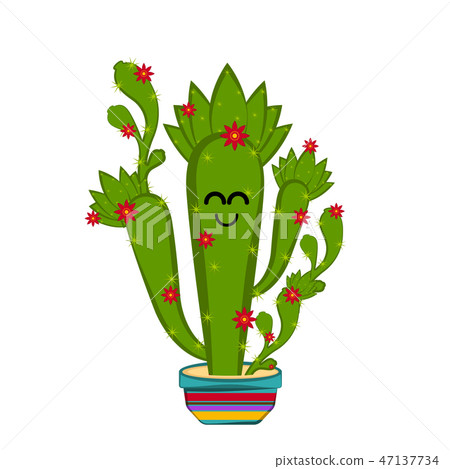 Happy cactus with flowers in a pot - Stock Illustration [47137734] - PIXTA
