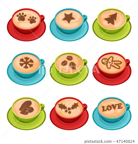Flat vector set of mugs of hot coffee with latte art of cinnamon powder, top view. Cups of fresh 47140824
