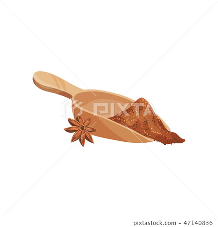 Dry anise star and wooden scoop shovel with ground cinnamon. Aromatic spice. Fragrant condiment Dry anise star and wooden scoop shovel with ground cinnamon. Aromatic spice. Fragrant condiment 47140836