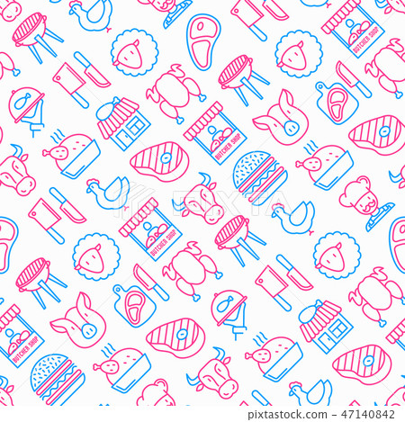 Butcher shop seamless pattern with thin line icons 47140842