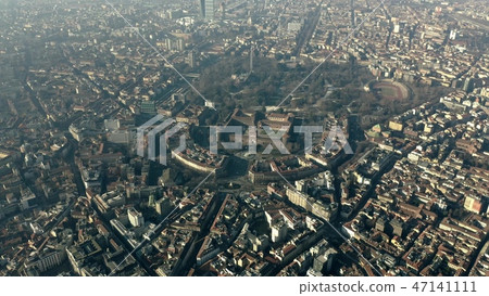 Aerial view of Castello Sforzesco castle and Sempione Park in Milan, Italy 47141111