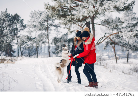 Beautiful couple playing with a dog Beautiful couple playing with a dog 47141762