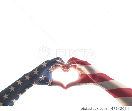 American flag on hands in heart shape isolated 47142024