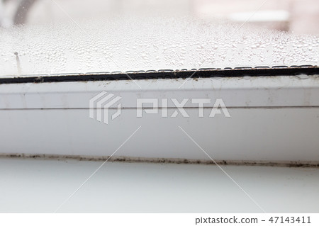 mold on a foggy plastic window of white color. Close-up mold on a foggy plastic window of white color. Close-up 47143411
