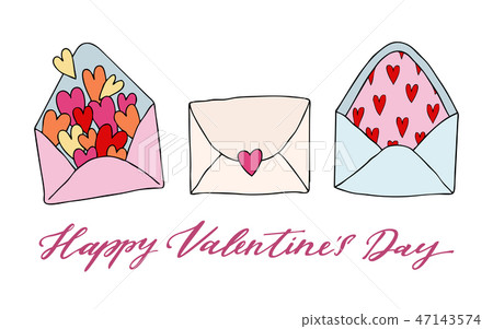 Set of three doodle drawing. Love letter with heart. Happy Valentine s day inscription. Template for Set of three doodle drawing. Love letter with heart. Happy Valentine s day inscription. Template for 47143574