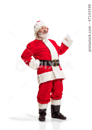 Hey, hello. Holly jolly x mas festive noel. Full length of funny santa in headwear, costume Hey, hello. Holly jolly x mas festive noel. Full length of funny santa in headwear, costume 47143599