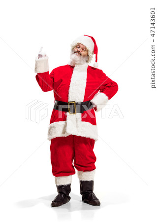 Hey, hello. Holly jolly x mas festive noel. Full length of funny santa in headwear, costume 47143601