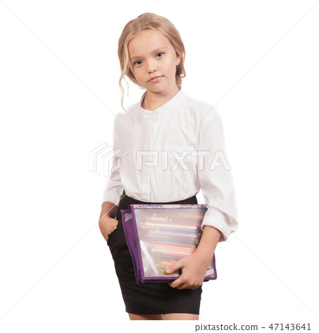 portrait of a smiling schoolgirl in uniform with pencil case 47143641