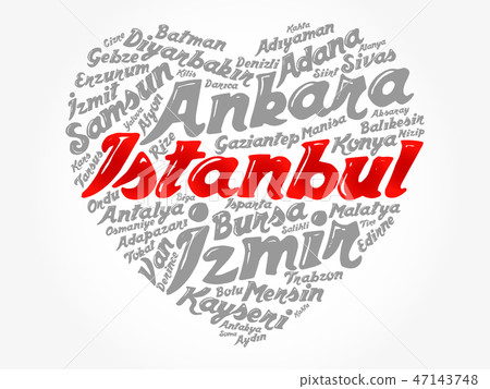 Heart word cloud with List of cities 47143748