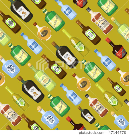 Alcohol seamless background with wine and cocktail bottles and glasses vector illustration. Beverage Alcohol seamless background with wine and cocktail bottles and glasses vector illustration. Beverage 47144778