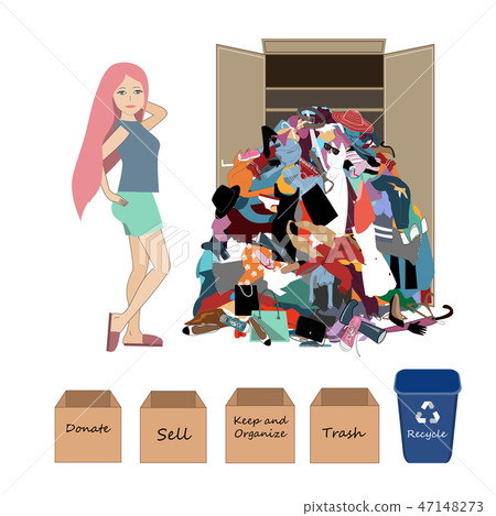 Vector Illustration with a a Woman and a Big Messy Pile of Useless, Old, Cheap, and Oumoded Cothes Vector Illustration with a a Woman and a Big Messy Pile of Useless, Old, Cheap, and Oumoded Cothes 47148273