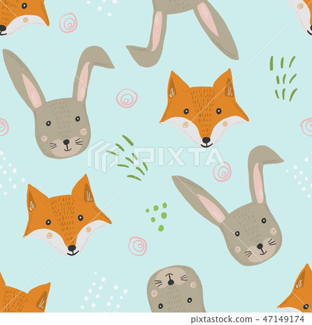 Cute cartoon pattern with fox, hare and grass 47149174