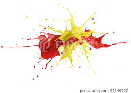 Red and yellow paint splash explosion in the air. 47149307