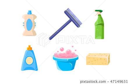 Household cleaning supplies set, basin, sprayer, squeegee, sponge, bottles of cleaning products 47149631