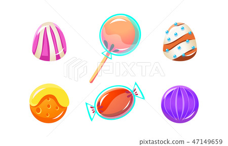 Colorful glossy candies set, sweets of different shapes, user interface assets for mobile apps or 47149659