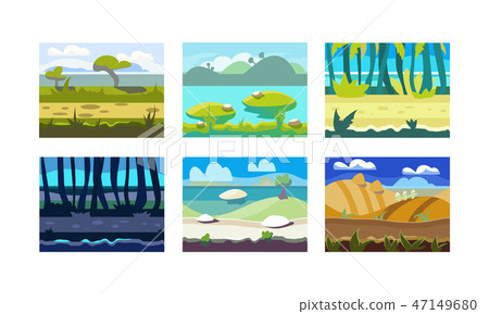 Flat vector set of seamless horizontal backgrounds for mobile or computer game. Colorful natural 47149680