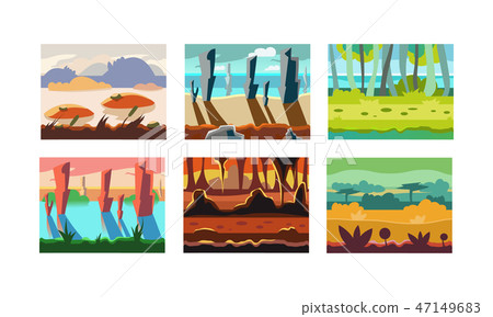 Flat vector set of seamless backgrounds for mobile game. Landscapes with mountains, wild forests Flat vector set of seamless backgrounds for mobile game. Landscapes with mountains, wild forests 47149683