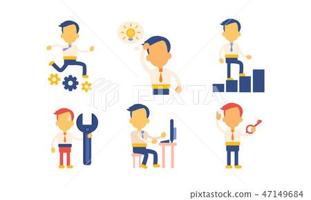 Flat vector set of icons with businessman in working actions. Office worker busy at work. Man in 47149684