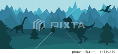 mountain landscape with silhouettes of dinosaurs. 47149819