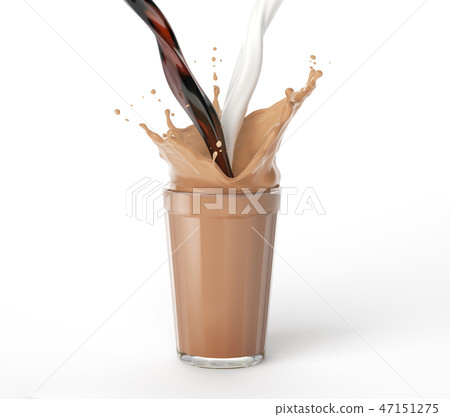 Coffee and milk pouring into a glass with splash. 47151275