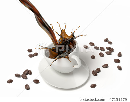 Liquid coffee pour and splash in a white cup. 47151379